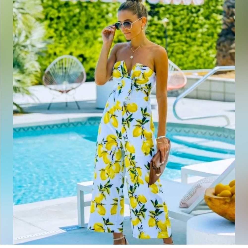 English Factory Lemon Print Strapless Jumpsuit